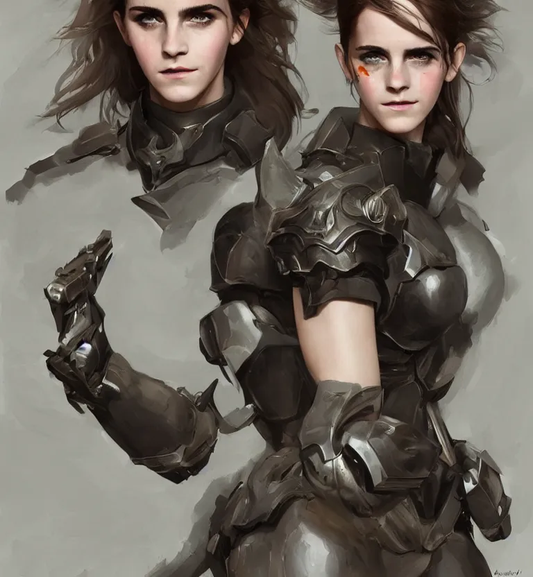 Image similar to fully body fashion model fantasy emma watson wearing military armor long dark hair beautiful bone structure symmetrical facial features intricate elegant digital painting concept art smooth sharp focus illustration from Metal Gear by Ruan Jia and Mandy Jurgens by Artgerm by William-Adolphe Bouguerea