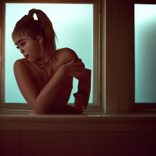 Image similar to Miley Cyrus in a dark room, movie still, photography, DSLR 35mm, low light photography, sadness