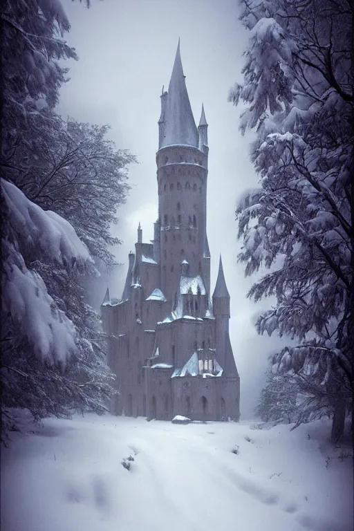 Image similar to a gothic castle in the snow, andreas rocha style