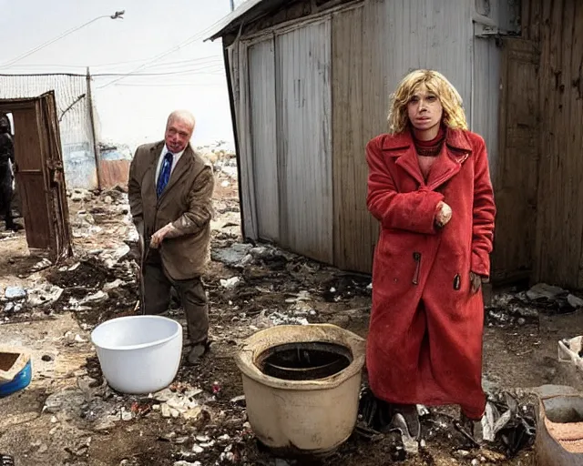 Image similar to фдучфтвук lukashenko inject heroin on the backdrop of poverty, wooden toilets, pits and squalor from vince gilligan film