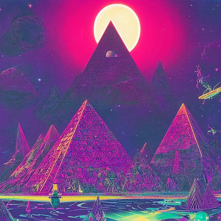 Prompt: mysterious ufo hovers over magical crystal pyramid, pink crescent moon, bright neon colors, highly detailed, cinematic, eyvind earle, tim white, philippe druillet, roger dean, ernst haeckel, lisa frank, aubrey beardsley