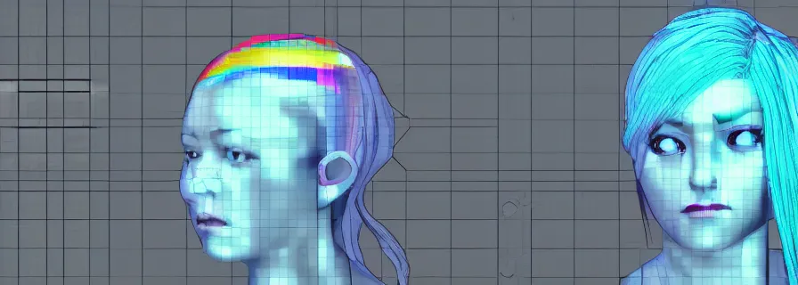 Image similar to photorealistic glados ( portal ) from right top corner accompanying cute female with rainbow hairs, artificial intelligence blueprint