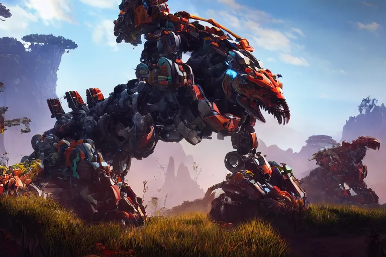 Image similar to scorcher machine mecha animal beast robot of horizon forbidden west horizon zero dawn bioluminiscence global illumination ray tracing hdr fanart arstation by sung choi and eric pfeiffer and gabriel garza and casper konefal