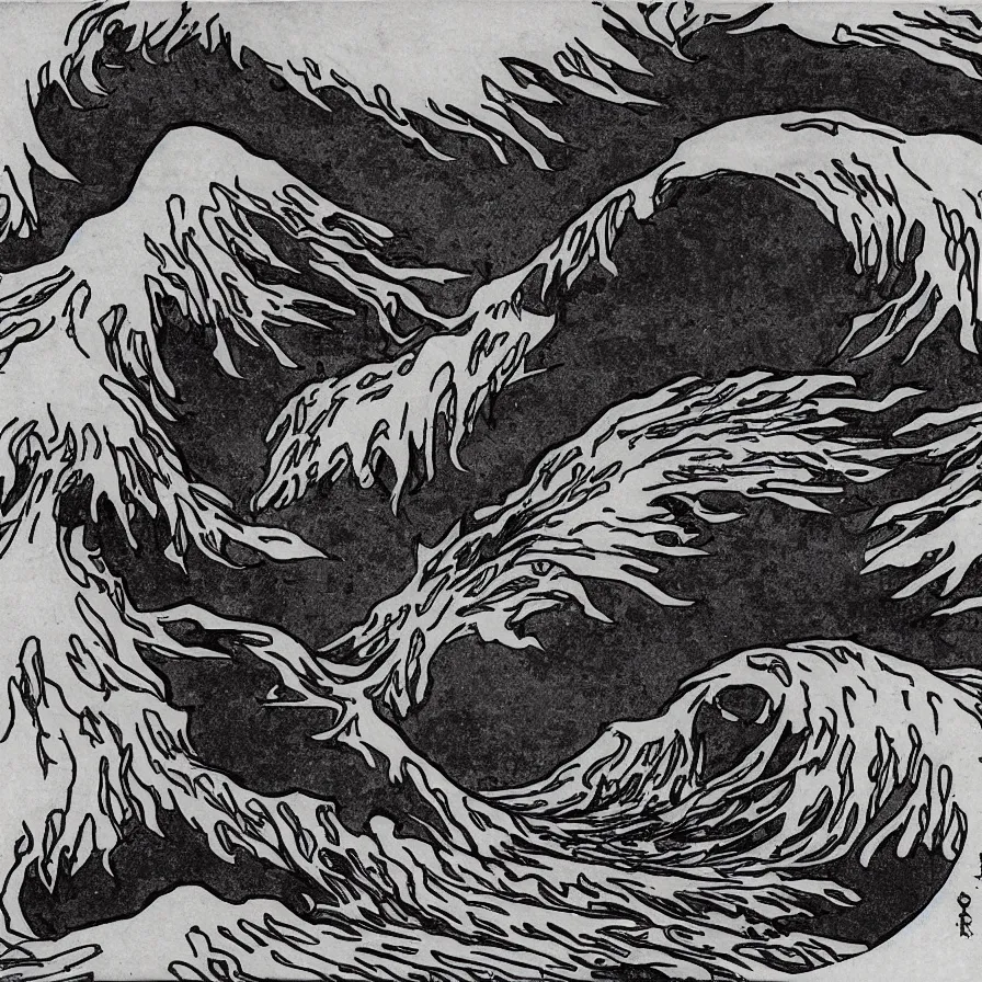 Image similar to japanese black and white lineart of an erupting volcano, hokusai style