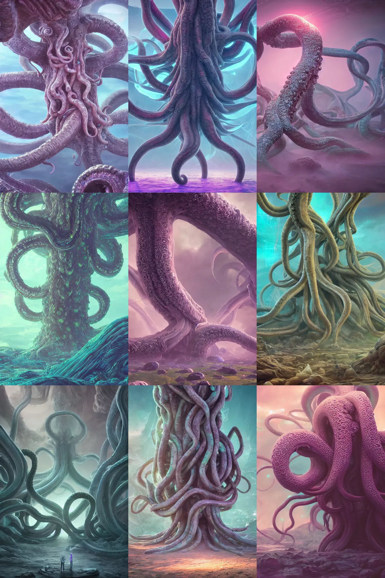 Prompt: giant ancient alien tentacles artwork, pastel colors, detailed background, extremely detailed, octane rendering, sharp focus, volumetric light, particles