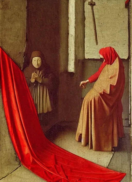 Image similar to red cloth of the floor, medieval painting by jan van eyck, johannes vermeer, florence