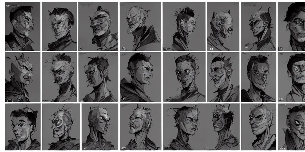 Prompt: arcane character face study, character sheet, concept design, contrast, kim jung gi, greg rutkowski, zabrocki, karlkka, jayison devadas, trending on artstation, 8 k, ultra wide angle, pincushion lens effect