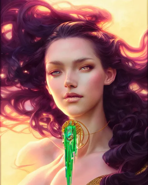 Image similar to portrait of a beautiful goddess with curly black hair and green eyes, crystalline gemstones and golden luxe, radiant halo of light, gilding, jesper ejsing, artgerm, photorealism, artstation