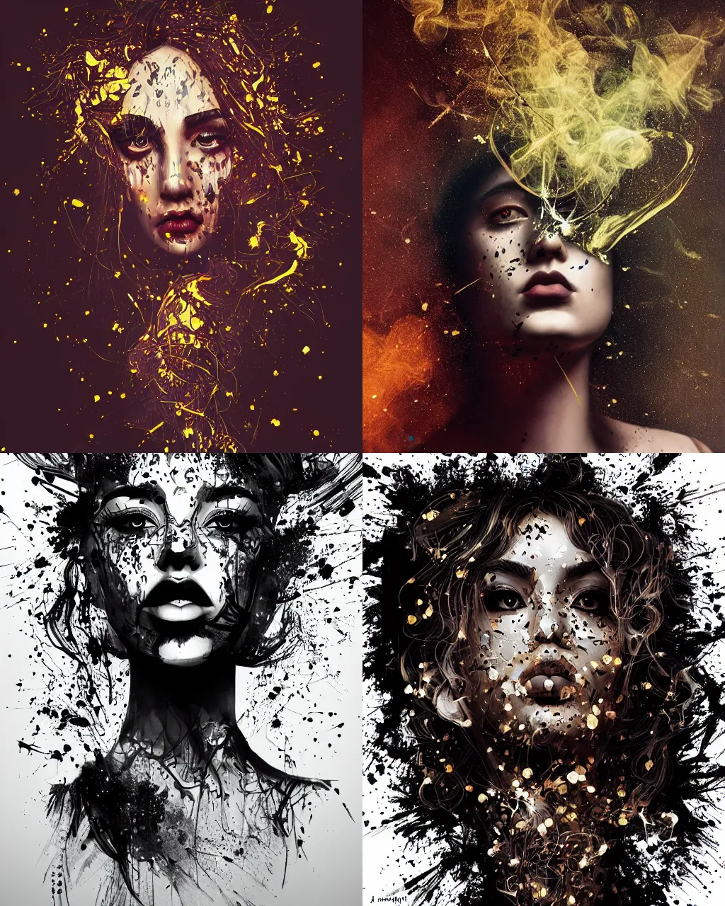 Prompt: Geometric smoke portrait, dramatic lighting, artstation, by artgerm and tony sart, black gold floral ink stylized beauty splatter art