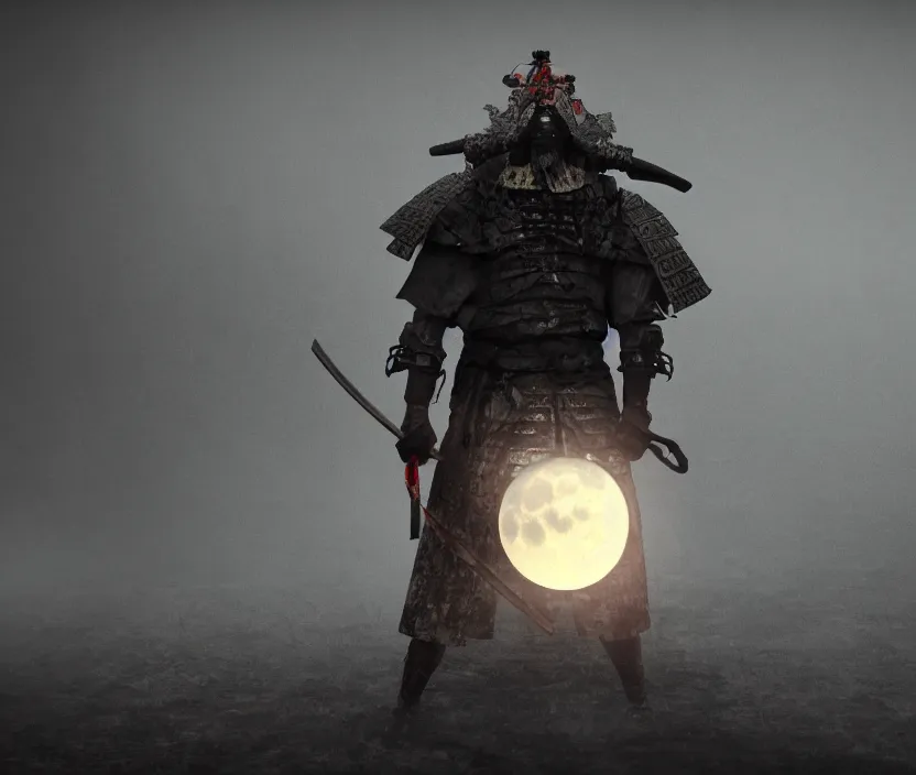 Image similar to 'a samurai! haunted by souls and ghosts with a big full moon on background , gloomy and foggy atmosphere, octane render, artstation trending, horror scene, highly detailded'