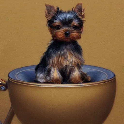Prompt: teacup yorkshire terrier sitting on teacup, in teacup portrait art by donato giancola and greg rutkowski, realistic face, digital art, trending on artstation, symmetry