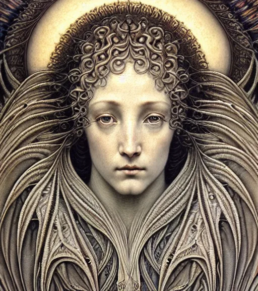 Image similar to detailed realistic beautiful angel goddess face portrait by jean delville, gustave dore, iris van herpen and marco mazzoni, art forms of nature by ernst haeckel, art nouveau, symbolist, visionary, gothic, neo - gothic, pre - raphaelite, fractal lace, intricate alien botanicals, ai biodiversity, surreality, hyperdetailed ultrasharp octane render