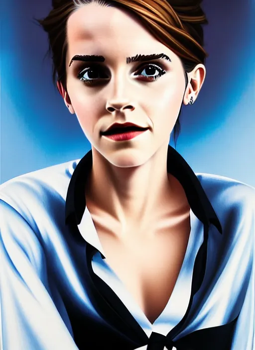 Image similar to a ultradetailed beautiful panting of emma watson wearing a stylish shirt with a tie, she has black hair, dancing, beautiful face, background explosion, by jesper ejsing, ilya kuvshinov, greg rutkowski on artstation