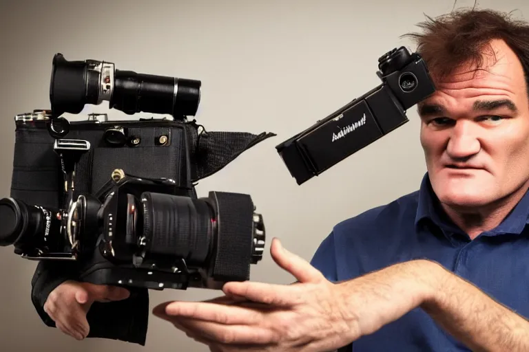 Image similar to high quality photo of aQuentin tarantino holding a 16 mm camera