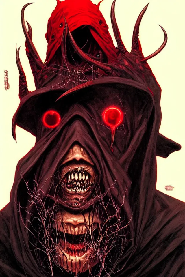 Prompt: a striking horror and spooky portrait of a pitch black masked eldritch shaman with sinister red eyes by moebius and ross tran and artgerm deta and will eisner