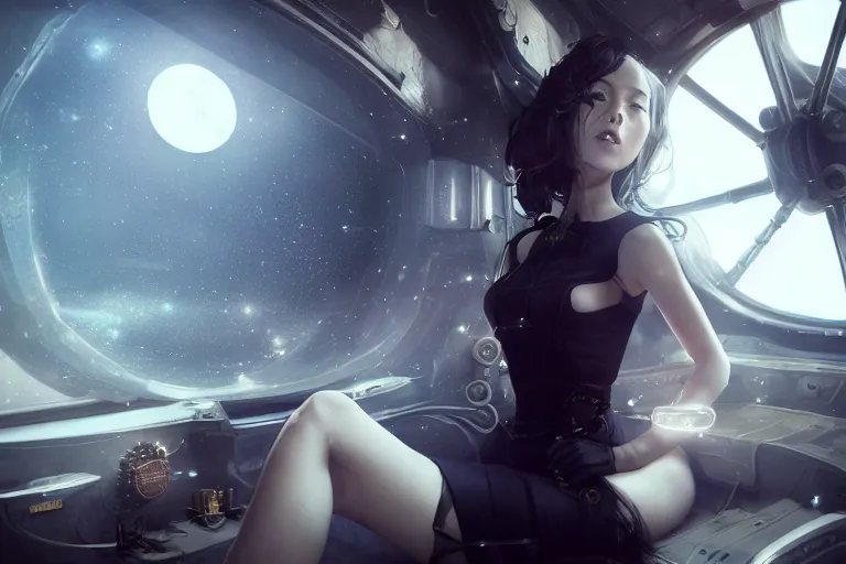 Image similar to a woman in a black dress and thigh highs in a steampunk spaceship, digital art, beautiful lighting, by wlop, by yoshitaka amano, octane render, composition, beautiful face, photorealism, steampunk, 4 k