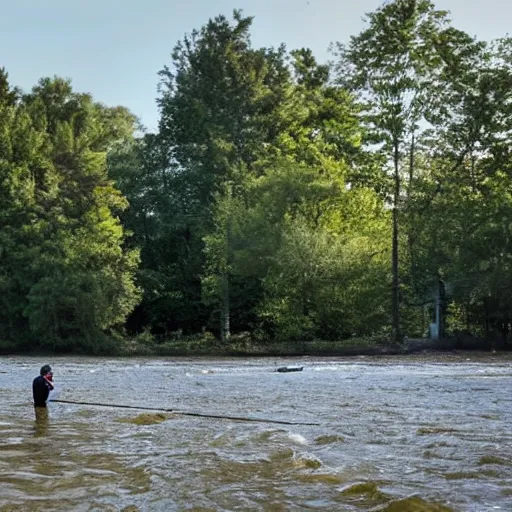 Image similar to a man fishing into a river with trees and a sci - fi containment building in the background, a sense of hope and optimism, monumental, harsh sunlight