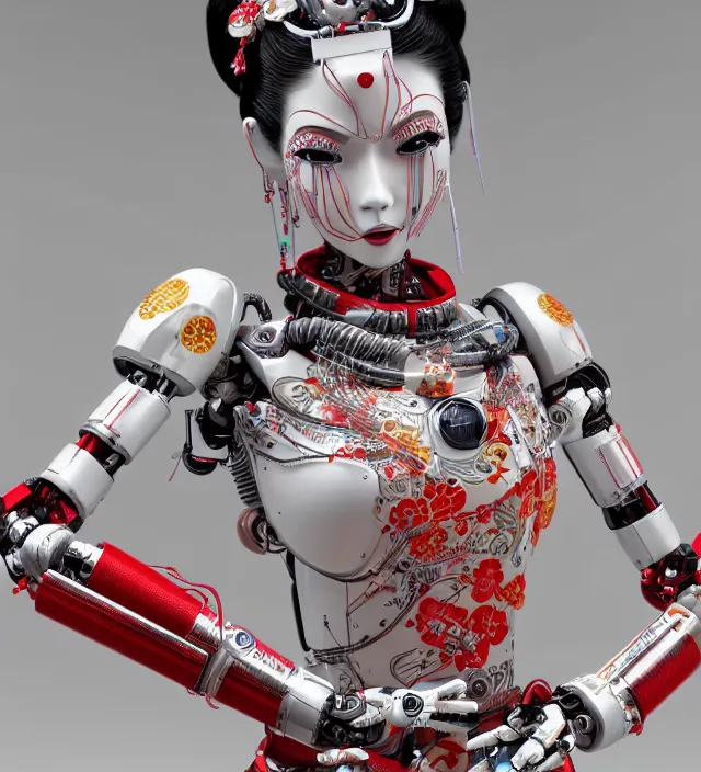 Image similar to full body portrait of a beautiful japanese robotic geisha with wires and kanji tattoos and decals, dramatic lighting, hyper - realistic, ultra - realistic, intricate details, japanese model, 8 k ultra high definition, octane render