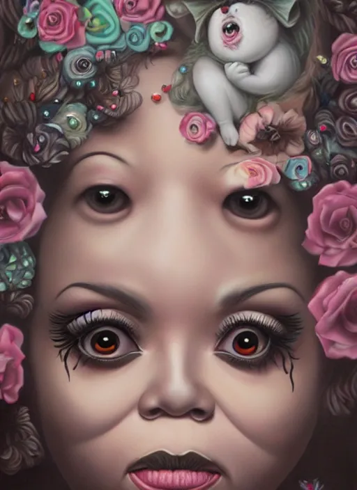 Image similar to pop surrealism, lowbrow art, realistic cute oprah winfrey painting, japanese street fashion, hyper realism, muted colours, rococo, natalie shau, loreta lux, tom bagshaw, mark ryden, trevor brown style,