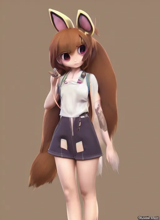 Image similar to female eevee mini cute girl, character adoptable, highly detailed, rendered, ray - tracing, cgi animated, 3 d demo reel avatar, style of maple story and zootopia, maple story eevee, fluffy, dark skin, cool clothes, soft shade, soft lighting, portrait pose