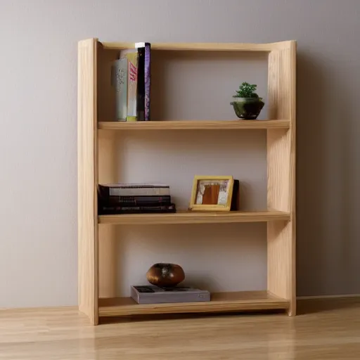 Prompt: minimalist zen oak bookshelf soft light and warm