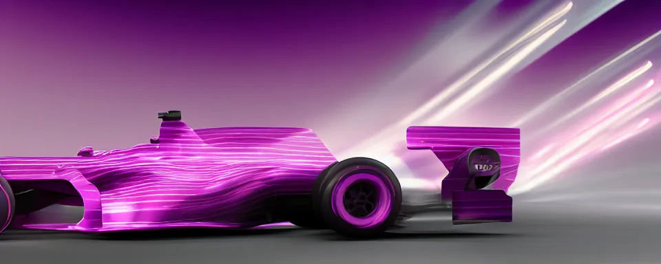 Image similar to abstract illustration of a formula one car, synthwave, purple and pink, motion blur, light streaks, octane render, depth of field