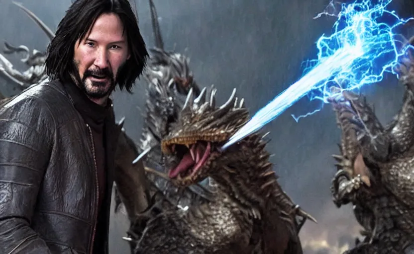 Image similar to wizard keanu reeves fighting a dragon on a fantasy battlefield