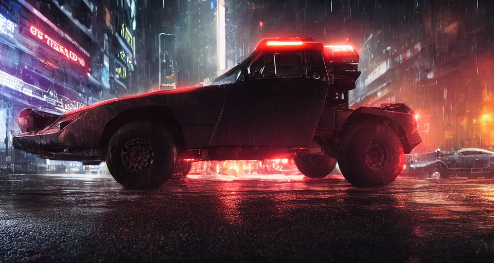 Image similar to macro closeup photo of combat tesla cybertruck hovering over wet dystopian cyberpunk city streets at night, mad max, action, speed, volumetric lighting, hdr, need for speed, gta 5, ridley scott, makoto shinkai, syd mead, craig mullins, cinematic, fast and furious, blade runner, octane, 8 k, iso 1 0 0