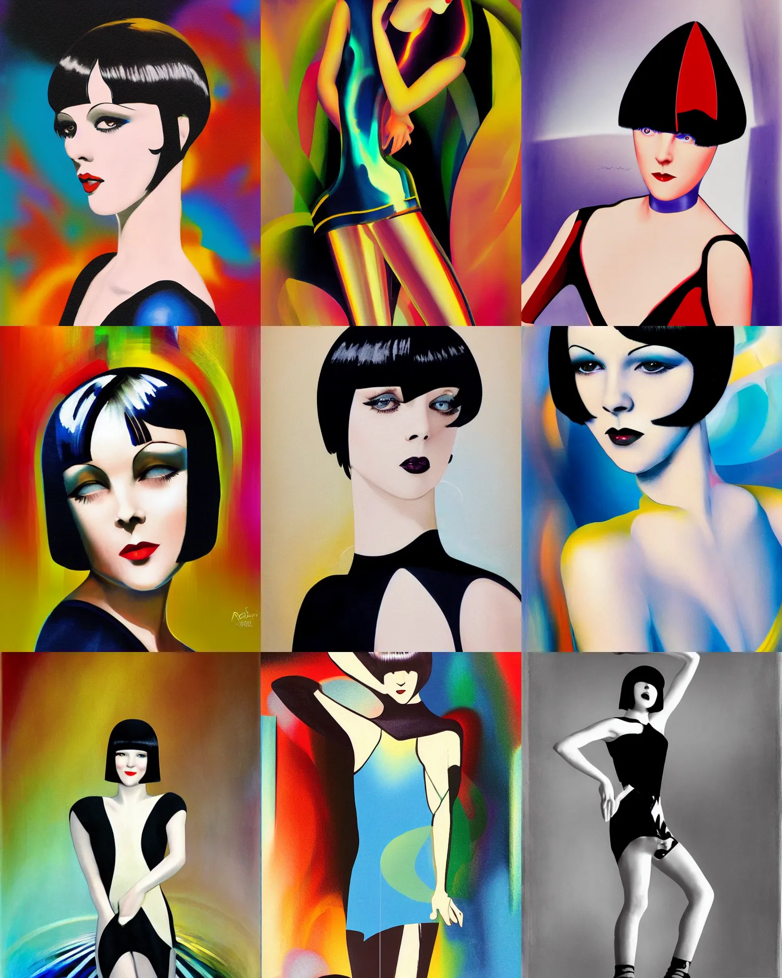 Prompt: full length portrait of 2 0 year old mary louise brooks roller skating, shiny bob haircut, dramatic light, abstract art deco city background, air brush art, high contrast, sharp,, painted by ross tran 1 9 2 0 s