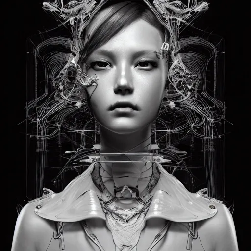 Image similar to the portrait of an absurdly beautiful, graceful, sophisticated, fashionable cyberpunk gravure idol, an ultrafine hyperdetailed illustration by kim jung gi, irakli nadar, matt wisniewski, intricate linework, iridescent wiring, porcelain skin, unreal engine 5 highly rendered, global illumination, radiant light, detailed and intricate environment