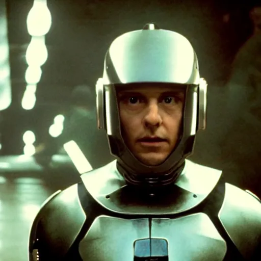 Image similar to movie still of a man with a cyborg helmet made of flowing energy, cinematic composition, cinematic light, by edgar wright and david lynch