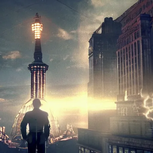 Image similar to screen capture from a live - action bioshock movie. andrew ryan, played by evan peters, is shown standing in an turn of the century style office front of an immense window looking out into the underwater city of rapture. the lights of the city are shining in the distance and an abundance of sea life is shown.