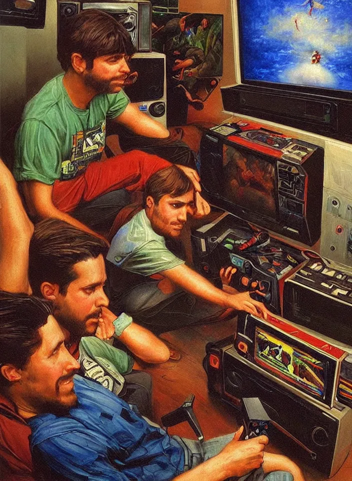 Prompt: Portrait of men playing video games on CRT television using Atari joysticks. Painting by Robert Edward Hughes. Intricate details. hyper realism. Masterpiece.