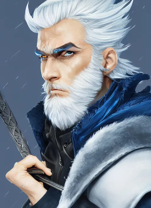 Prompt: a highly detailed illustration of fierce young short slick back white haired man wearing dark blue coat, bright blue eyes, dramatic wielding katana pose, intricate, elegant, highly detailed, centered, digital painting, artstation, concept art, smooth, sharp focus, league of legends concept art, wlop