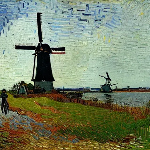 Image similar to the dutch landscape with traditional windmills standing next to a lake, lots of bicycles and a man drinken beer by Vincent van Gogh,