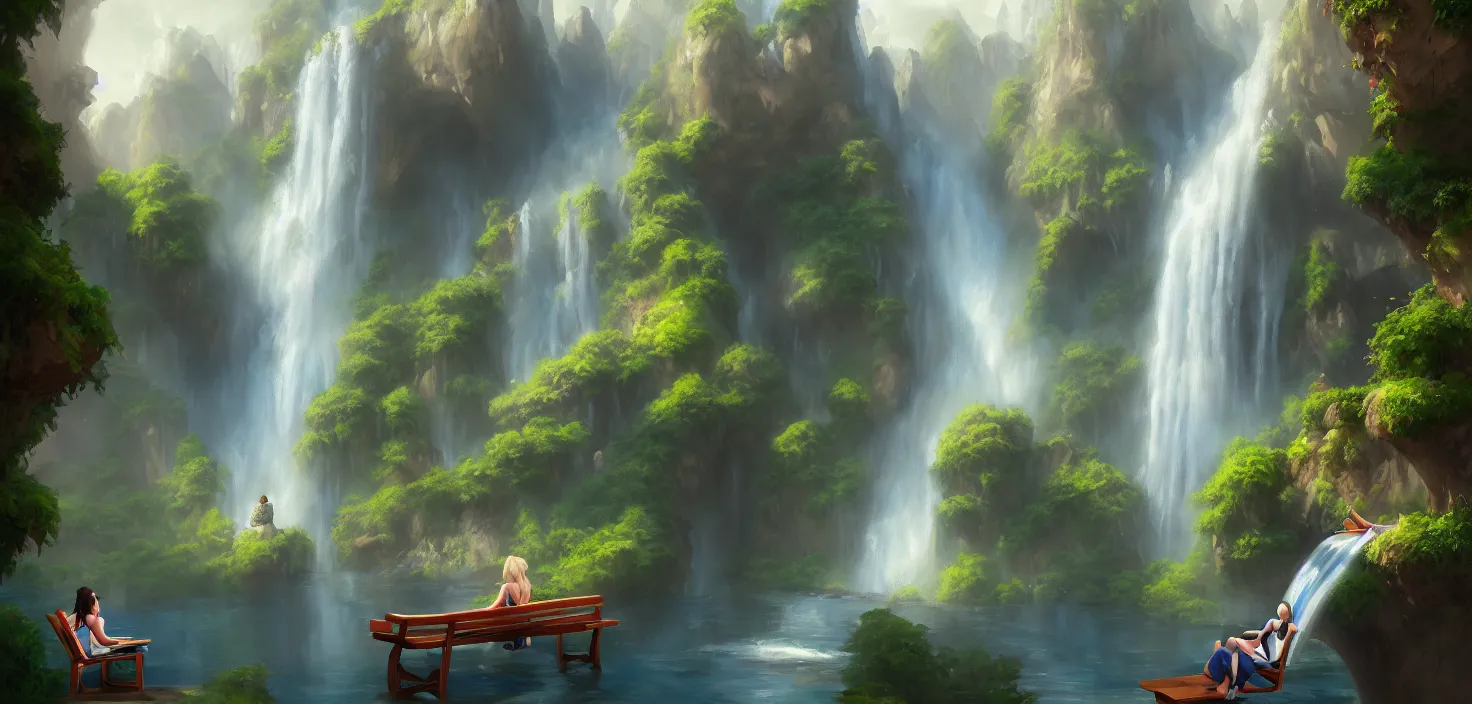 Image similar to a painting of a waterfall with a person sitting on a bench, a detailed matte painting by tyler edlin, artstation, fantasy art, matte painting, 2 d game art, deviantart hd