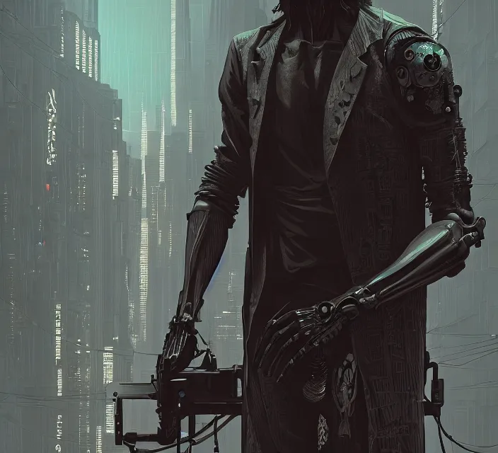 Image similar to cyberpunk skeleton jesus, noir, sharp focus, intricate, illustration, cell shaded, digital painting, highly detailed, matte, art by ilya kuvshinov, wlop, greg rutkowski, reflections, studio quality, james jean, artem demura