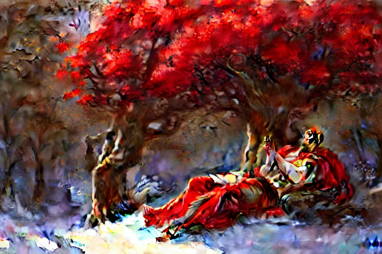 Image similar to winter, a male warrior relaxing under a huge tree with red flowers, sun shining on him, god ray, ground covered with snow, fantasy, painting by gaston bussiere, craig mullins, j. c. leyendecker, trending on artstation