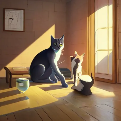 Prompt: a cat exists next to a man. cat and man in a room. in the room exists a table. animal. digital art. artstation. realistic. vibrant. illustration. in the style of pixar movie. octane render. art by makoto shinkai, stanley artgerm lau, wlop, rossdraws. volumetric lighting.