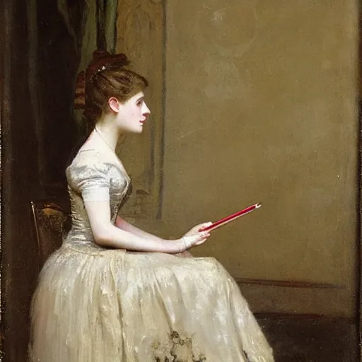 Image similar to young victorian lady in ball gown, absent - minded chewing on the end of a pencil, painted by alfred stevens