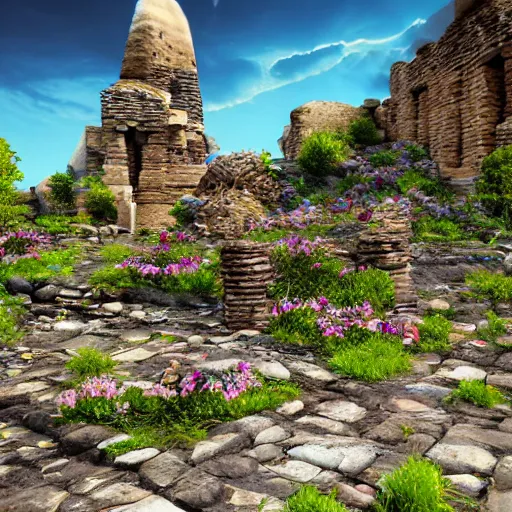 Prompt: A realistic detailed photo of an ancient city, nature, rock debris, flowers, blue sunny sky, beautiful landscape, amazingly beautiful landscape, clear water, light particles, detailed light, realistic shaders, trending on artisation, detailed textures, detailed, realistic.