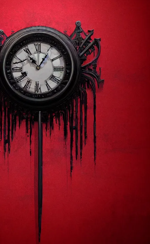 Image similar to a melting Roman numeral clock, behind a red and black gradient background, dynamic lighting, photorealistic fantasy concept art, trending on art station, stunning visuals, cinematic, creative, ultra detailed