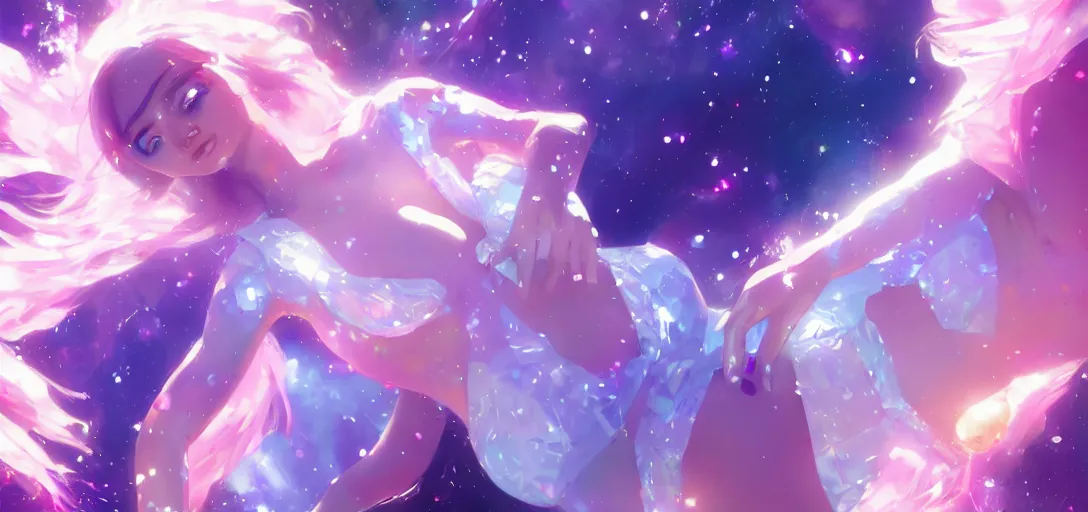 Image similar to beautiful woman floating in space peacefully, crystallized bodysuit, pinks blue an purples, extra long hair, full body, wojtek fus, by Makoto Shinkai and Ilya Kuvshinov,