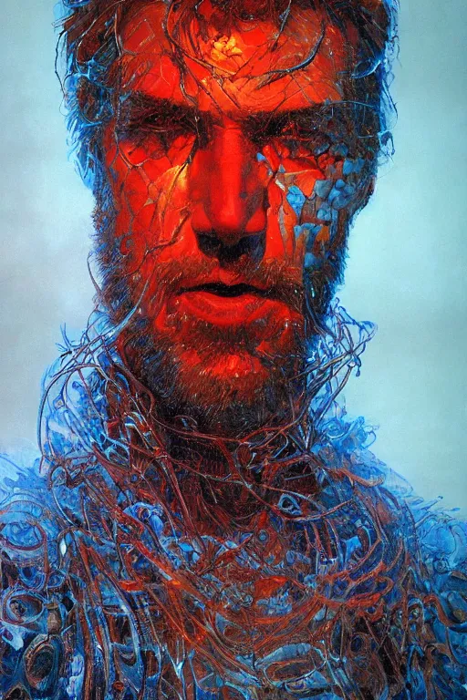 Prompt: symmetry closeup portrait of a man druid, shattered glass, cinematic light, backlight, red sky blue, misty, by mikhail vrubel, by philippe druillet, by peter elson, by gerald brom, muted colors, ( ( extreme detail ) ), trending on artstation, 8 k