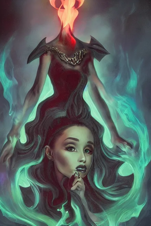 Image similar to evil fire witch ariana grande, art by frank kelly & michael bohme, trending on artstation, bioluminescence closeup view illustrator, american romanticism, very very elegant, 4 k hd