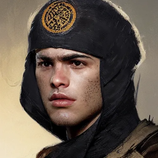 Prompt: Medium closeup young idealistic and pious homely male Imperial soldier wearing a black tabard with light yellow accents over a brown gambeson and a barbute!!!!! helm, by Raymond Swanland Greg Rutkowski Lise Deharm, {perfect face}, {perfect eyes}, {uncertain look}, {on edge}
