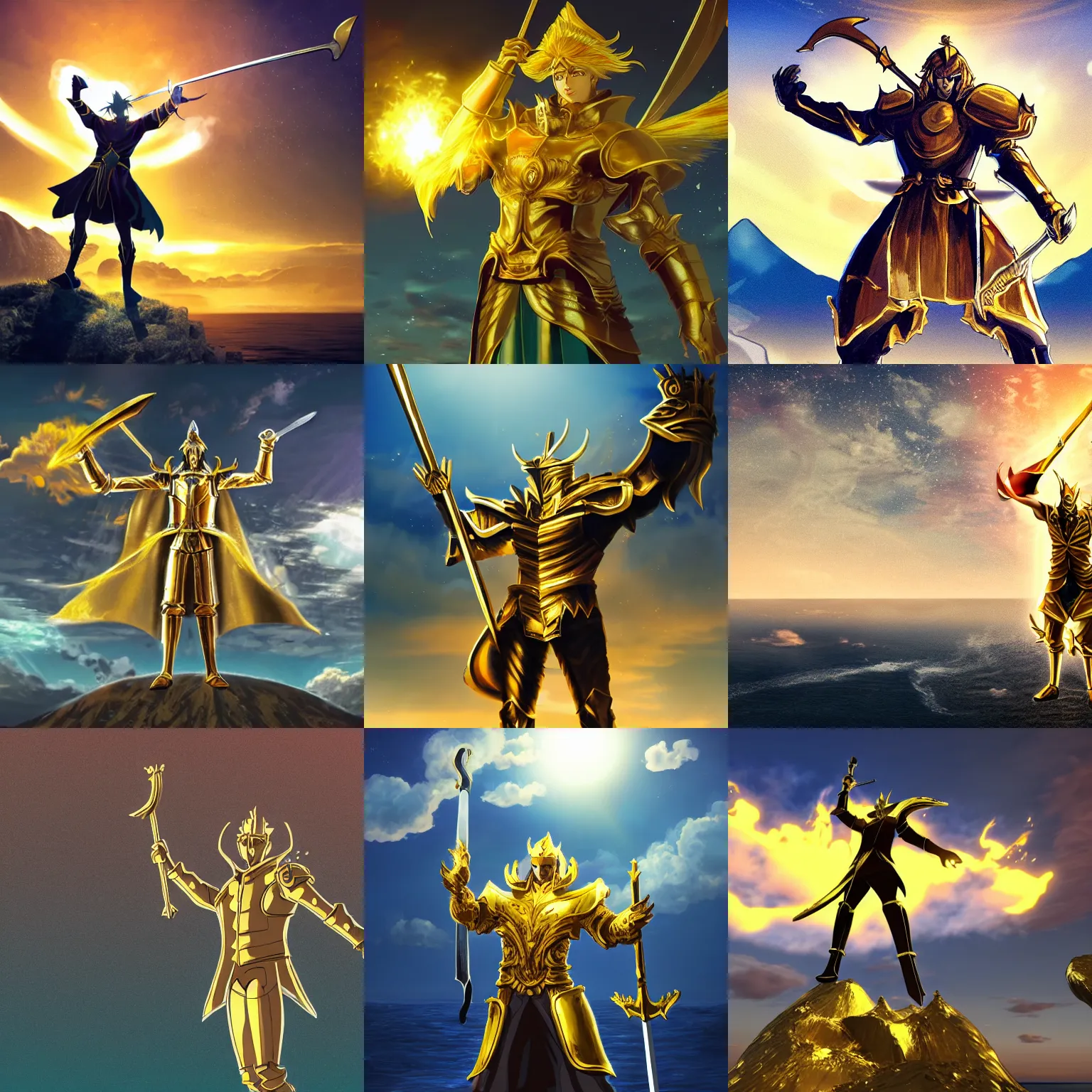 Prompt: full - body tall man in large golden armor raising his sword in the air, epic, anime - style, background of glowing island