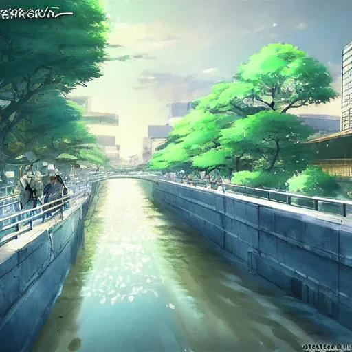 Image similar to Osaka River, Anime concept art by Makoto Shinkai