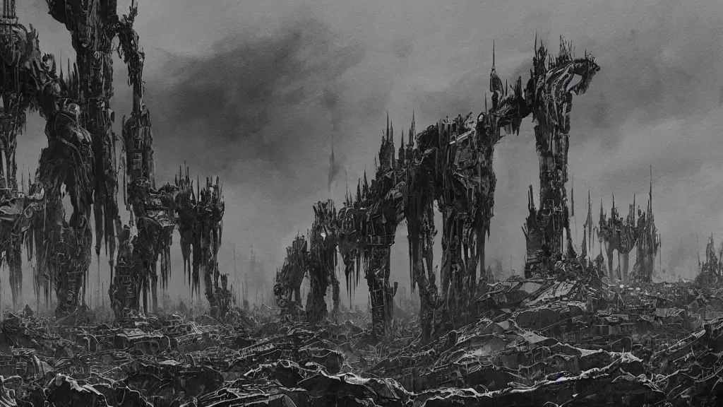 Image similar to group of survivors, no man's land, remnants of the human civilization, post - apocalyspe, machines, bleak, eerie atmospheric, a color illustration by tsutomu nihei, gerald brom and vincent di fate, epic cinematic matte painting