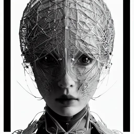 Image similar to closeup portrait of an absurdly beautiful, graceful, sophisticated, fashionable cyberpunk mechanoid gravure idol, an ultrafine hyperdetailed illustration by irakli nadar, matt wisniewski style, fashion photography, intricate linework, porcelain skin, jellyfish headdress, fractal ivory carved ruff, unreal engine 5 highly rendered, global illumination, radiant light, detailed and intricate environment